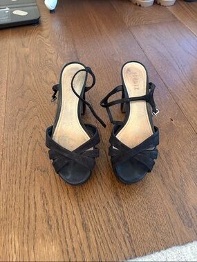 SCHUTZ Black Strappy Suede Open-Toe Heels